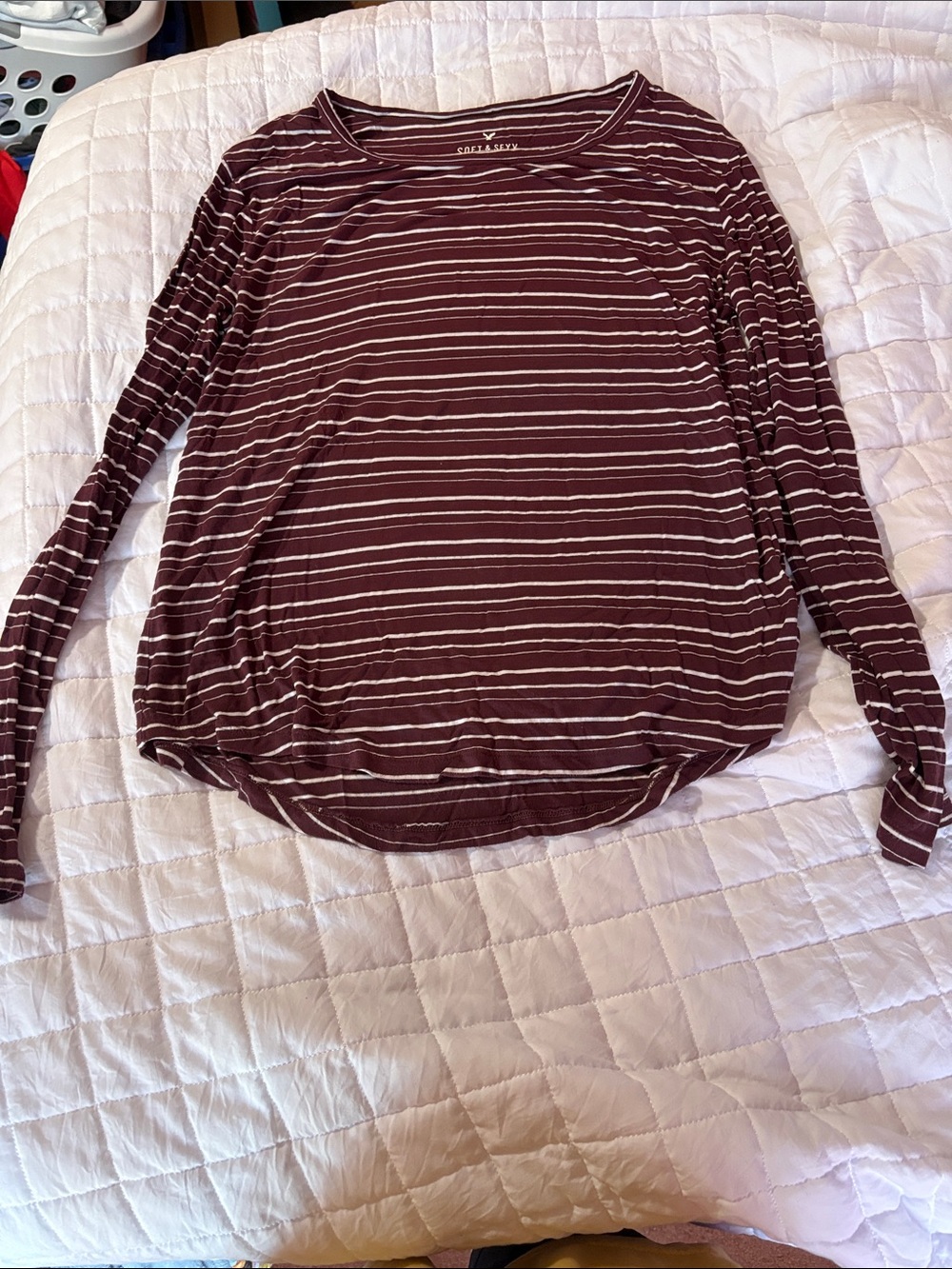American Eagle Outfitters Burgundy and White Striped Long Sleeve Tee